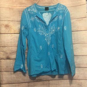 TCO Womens Blouse Blue White Long Sleeve Half Button Embroidered Bling Top Small